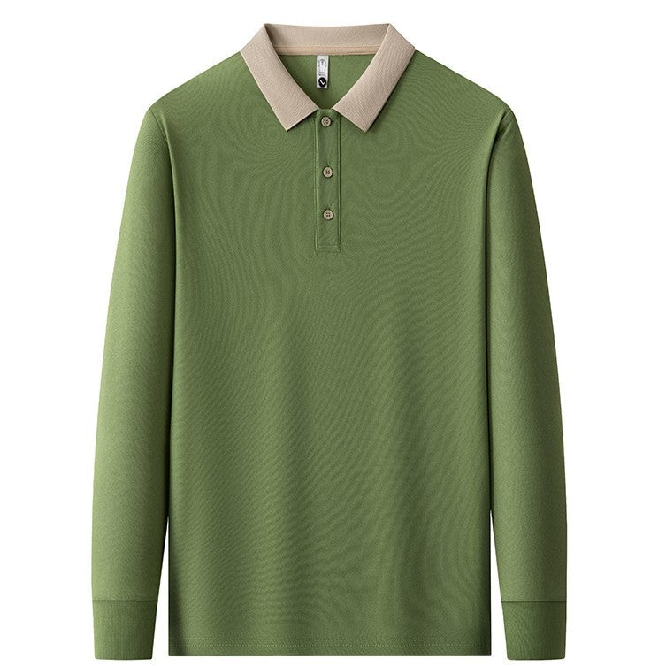 Men's long sleeve polo with a contrast collar and a three-button placket - moss green