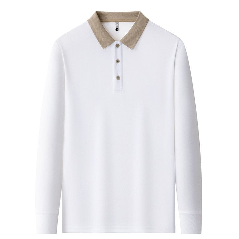 Men's long sleeve polo with a contrast collar and a three-button placket - white