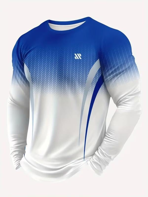 Men's long sleeve gym top with a gradient print fading to white - blue