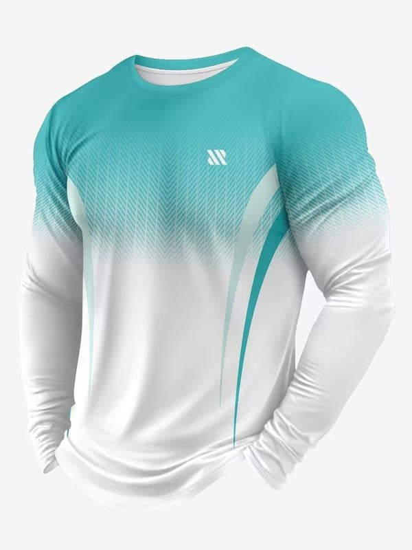 Men's long sleeve gym top with a gradient print fading to white - turquoise