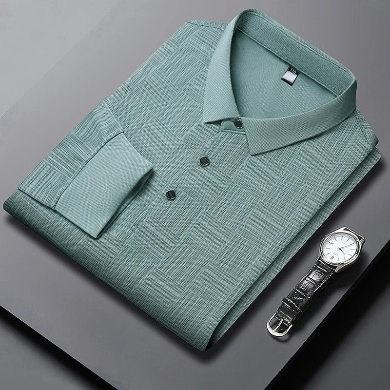 Men's long sleeve polo with a tonal raised basket weave pattern - view 2