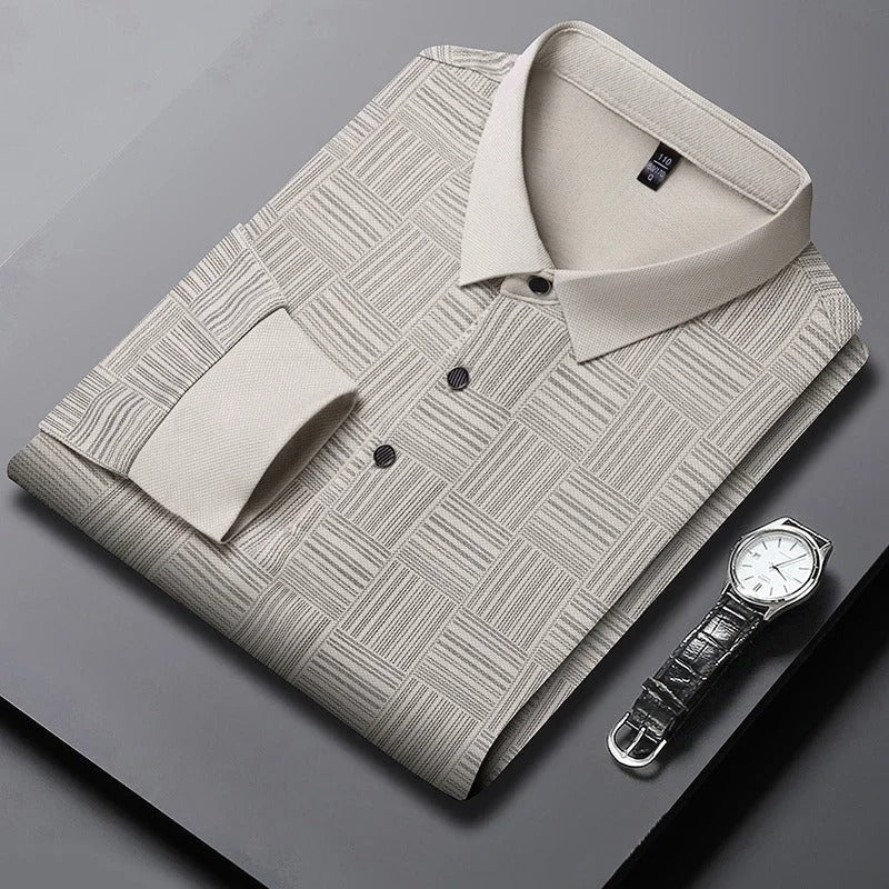 Men's long sleeve polo with a tonal raised basket weave pattern - stone grey