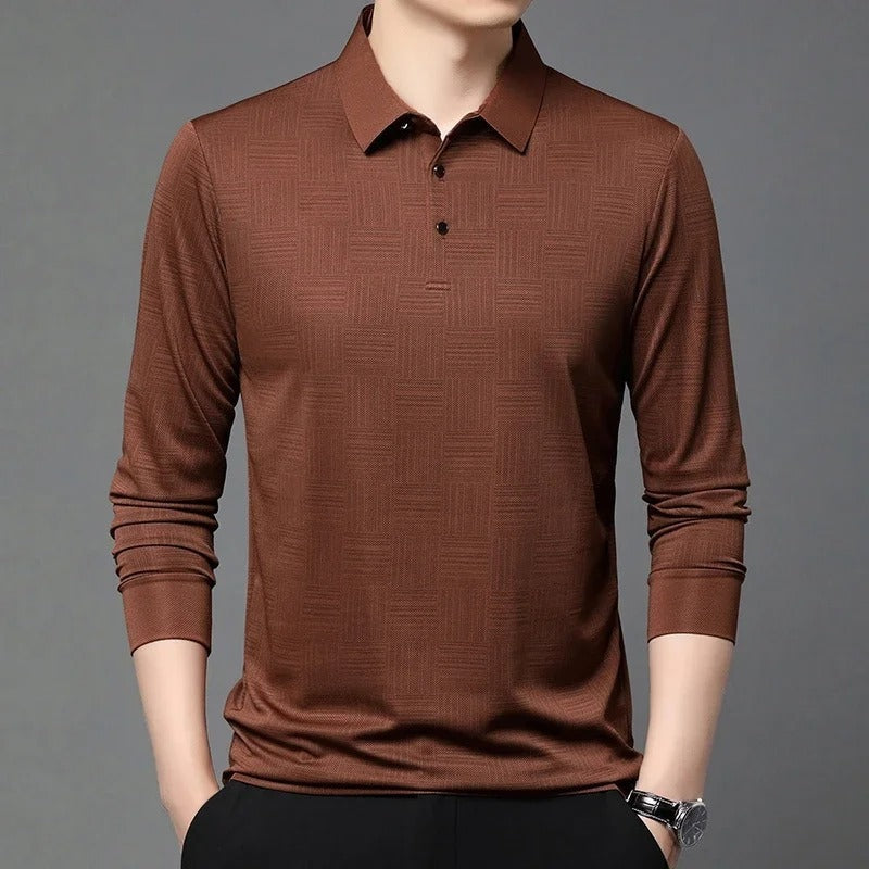 Men's long sleeve polo with a tonal raised basket weave pattern - view 7