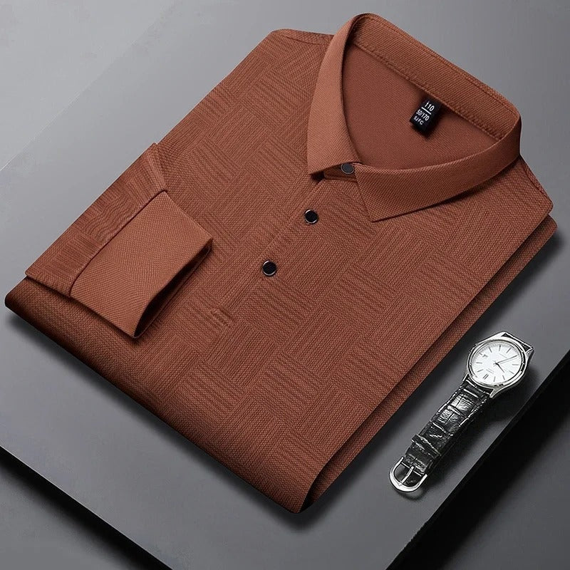 Men's long sleeve polo with a tonal raised basket weave pattern - rust