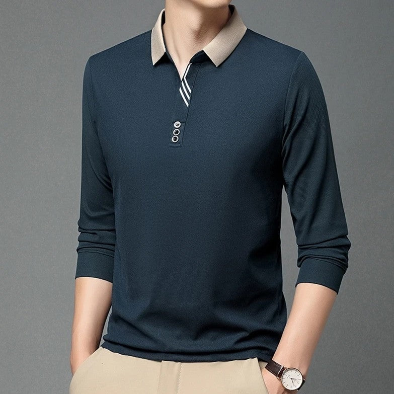 Men's long sleeve polo with a contrast collar and diagonal stripes by the placket - navy