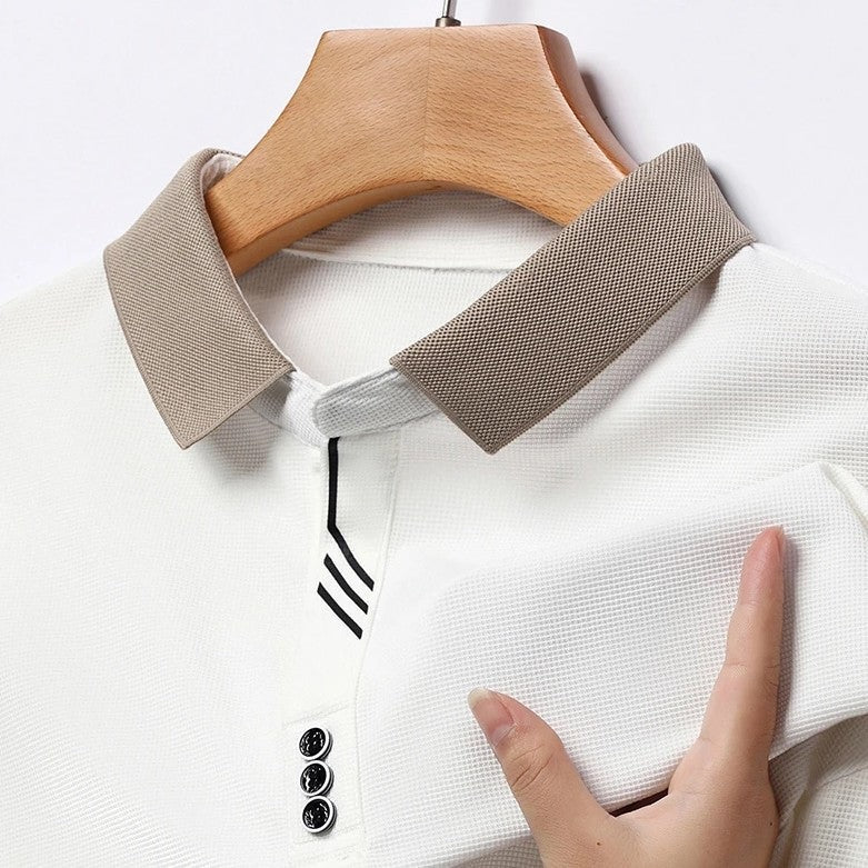 Men's long sleeve polo with a contrast collar and diagonal stripes by the placket - view 10