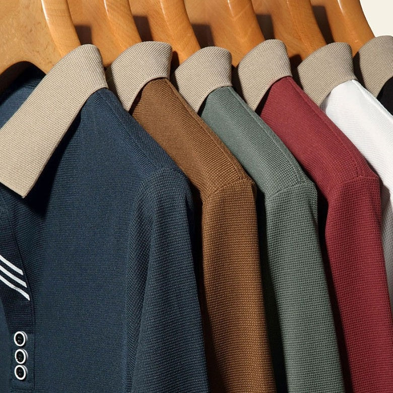 Men's long sleeve polo with a contrast collar and diagonal stripes by the placket - view 9