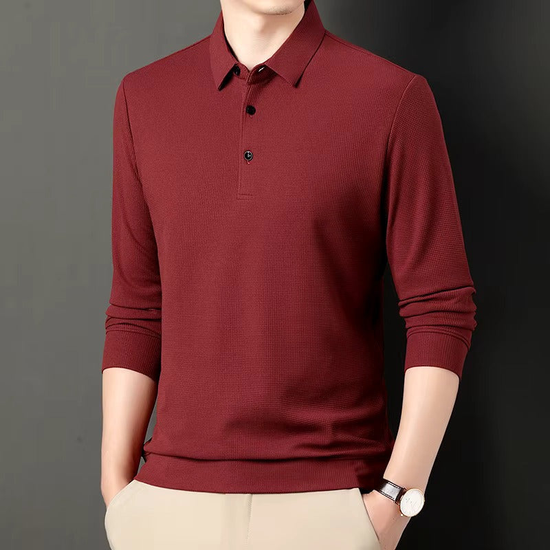 Men's long sleeve waffle knit polo with a classic collar and three buttons