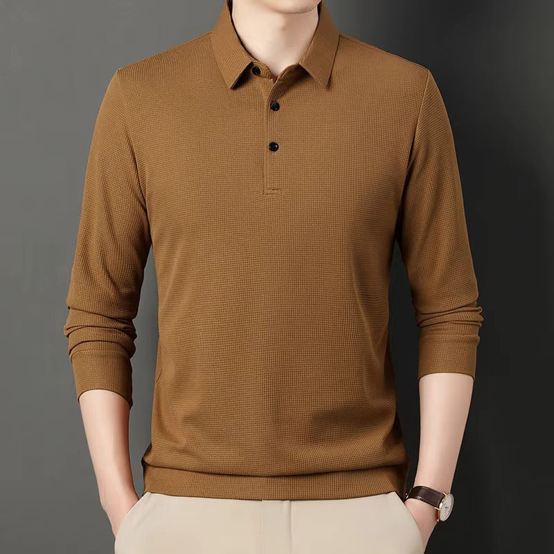 Men's long sleeve waffle knit polo with a classic collar and three buttons - view 3