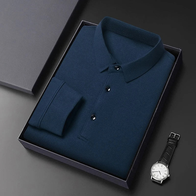 Men's long sleeve waffle knit polo with a classic collar and three buttons - navy