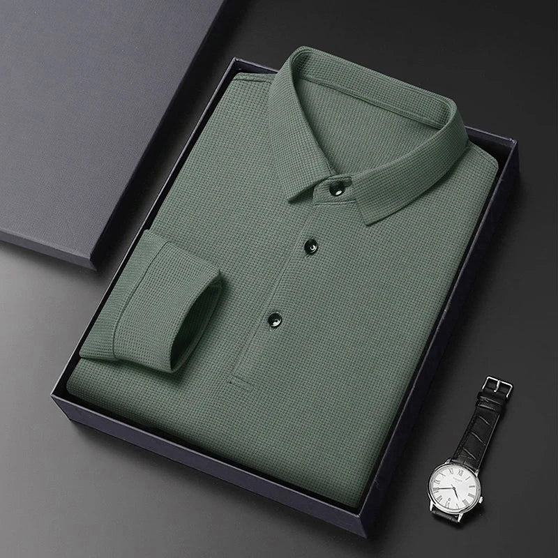 Men's long sleeve waffle knit polo with a classic collar and three buttons - sage green