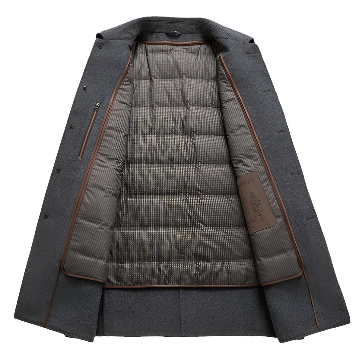 Grey men's winter coat laid open to show the full quilted lining