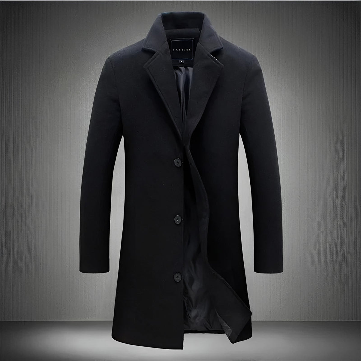 Men's black longline coat with a notch lapel and button front