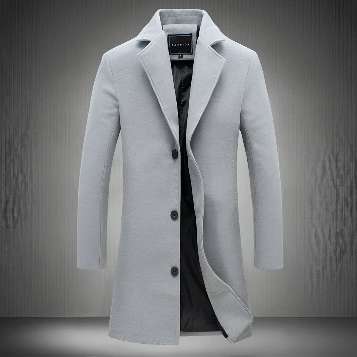 Men's light grey longline coat with a notch lapel and lining