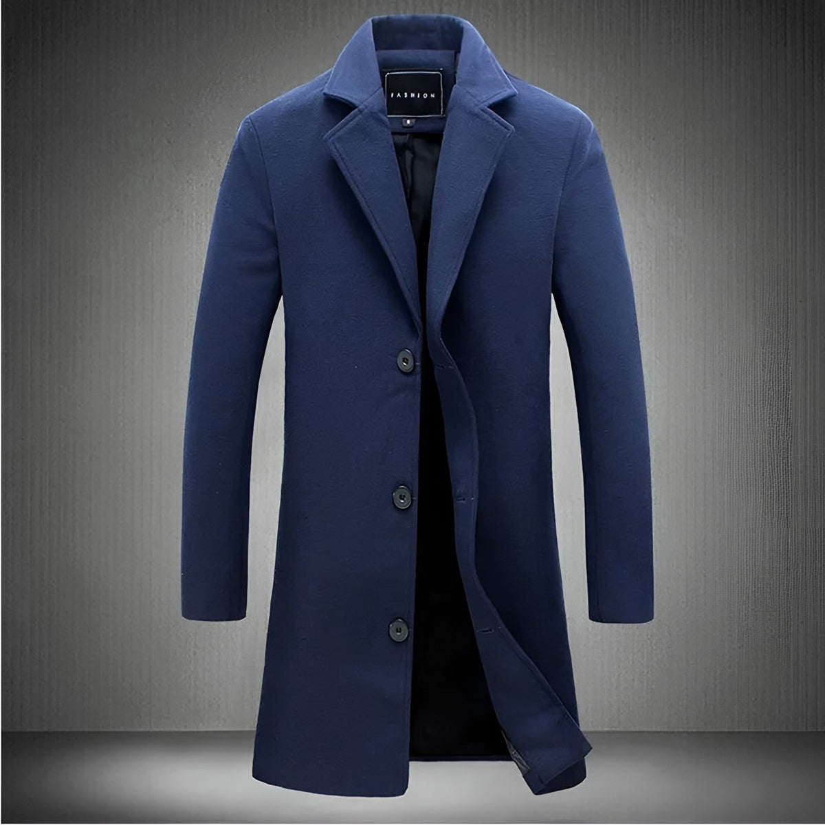 Men's navy longline coat with a notch lapel and button front