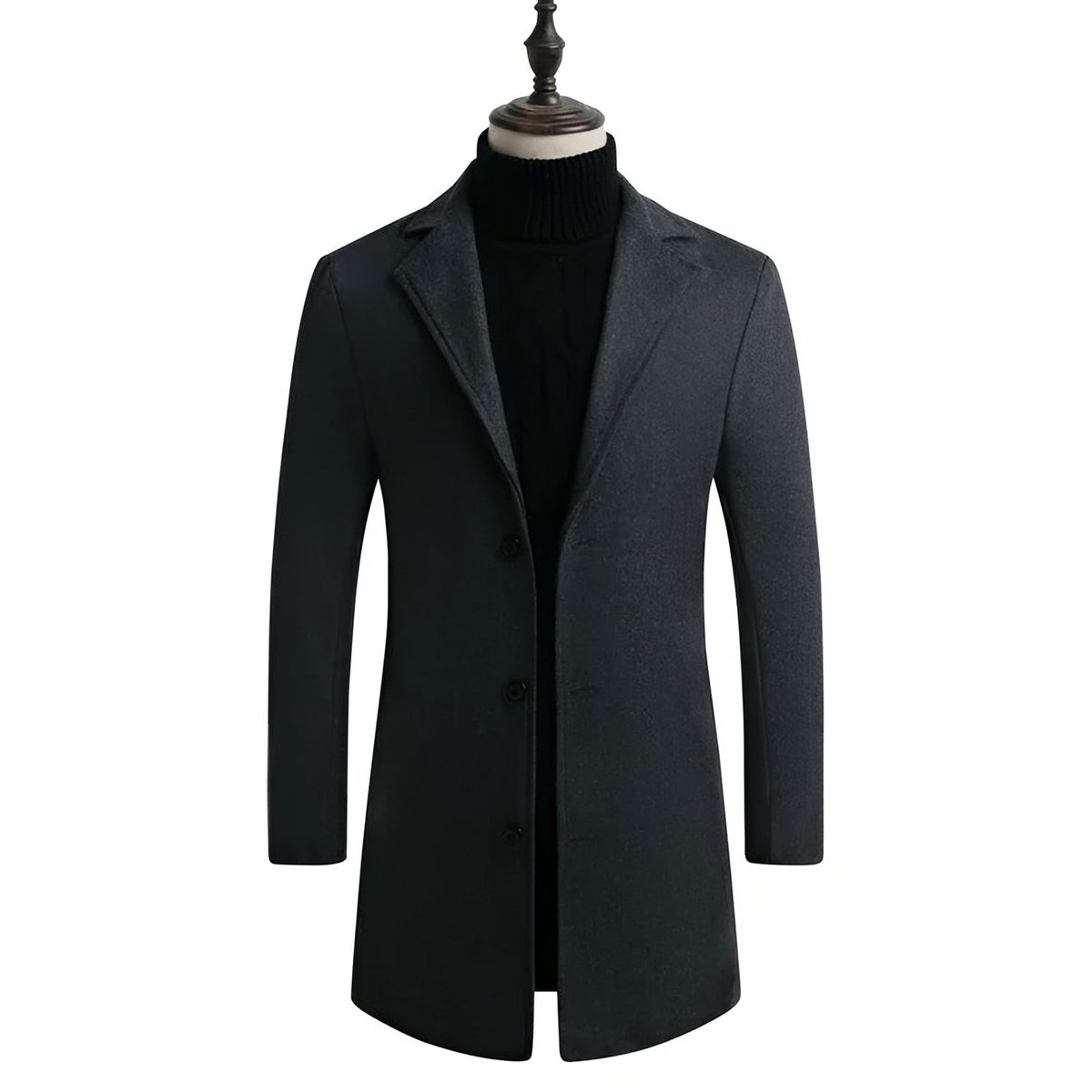 Men's charcoal longline coat on a dress form