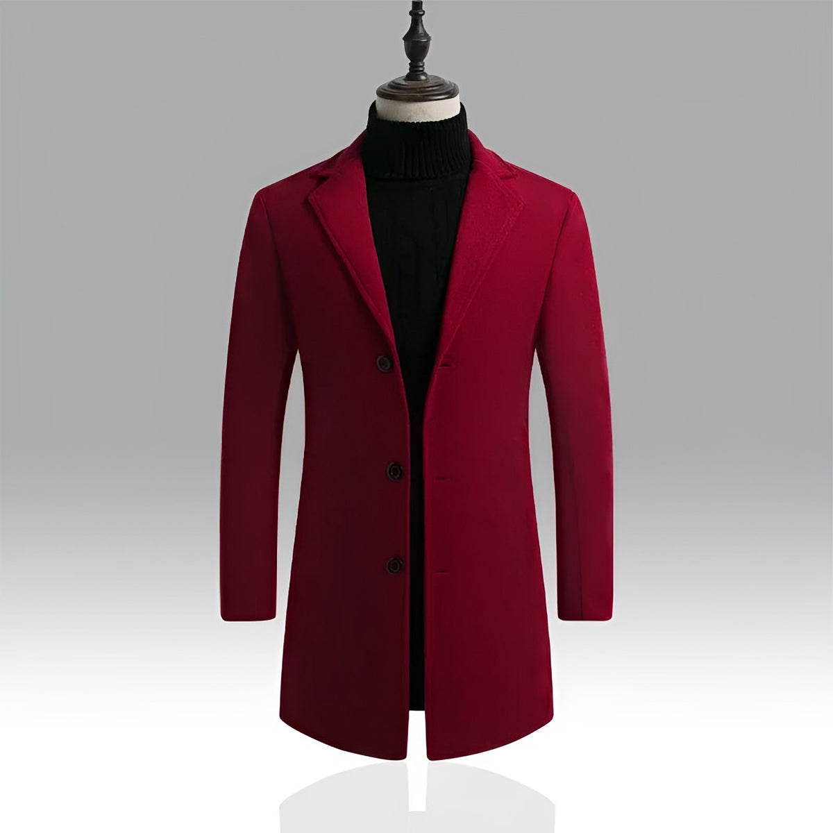 Men's red longline coat on a dress form