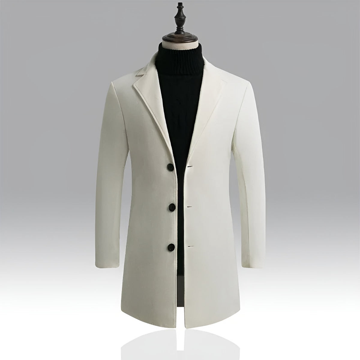 Men's off-white longline coat on a dress form