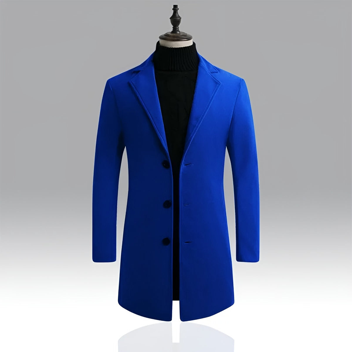Men's cobalt blue longline coat on a dress form