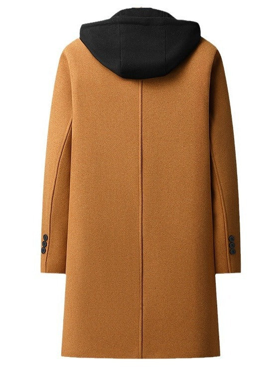 Men's longline overcoat with notch lapels and a zip-in hooded insert