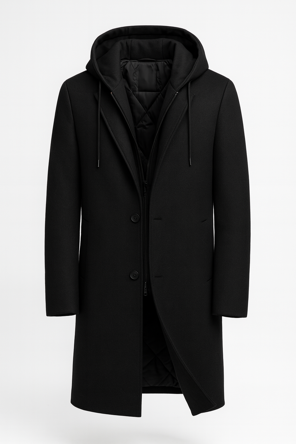 Men's longline overcoat with notch lapels and a zip-in hooded insert - black