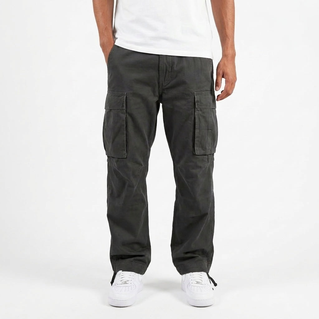Men's loose fit cargo trousers with a straight leg and side flap pockets - washed black