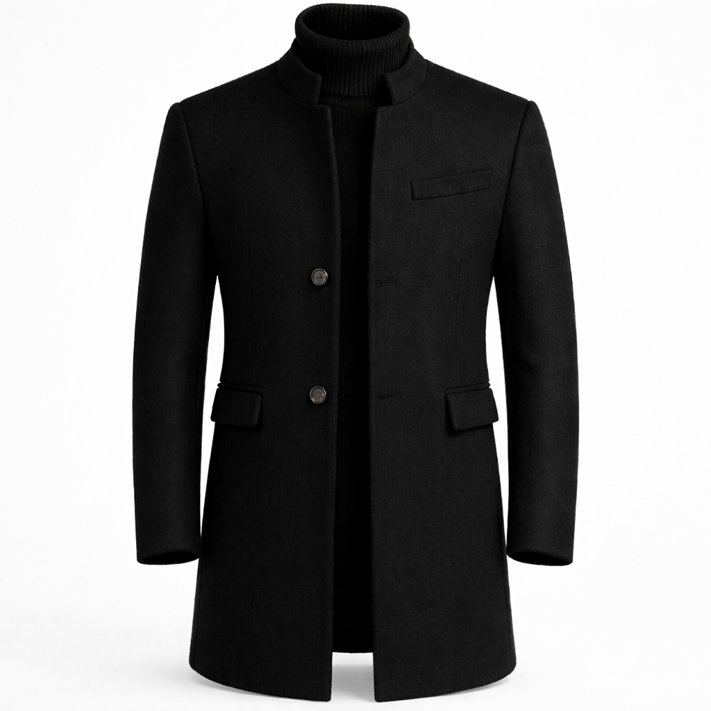 Men's mandarin collar coat with a two-button front - black