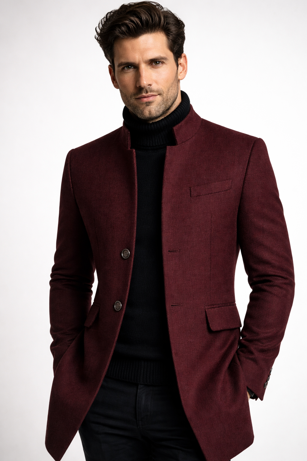 Men's mandarin collar coat with a two-button front