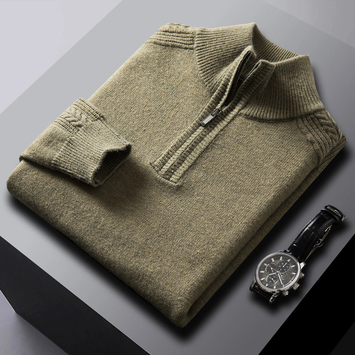 Men's marl half-zip jumper with a stand collar and cable details - olive
