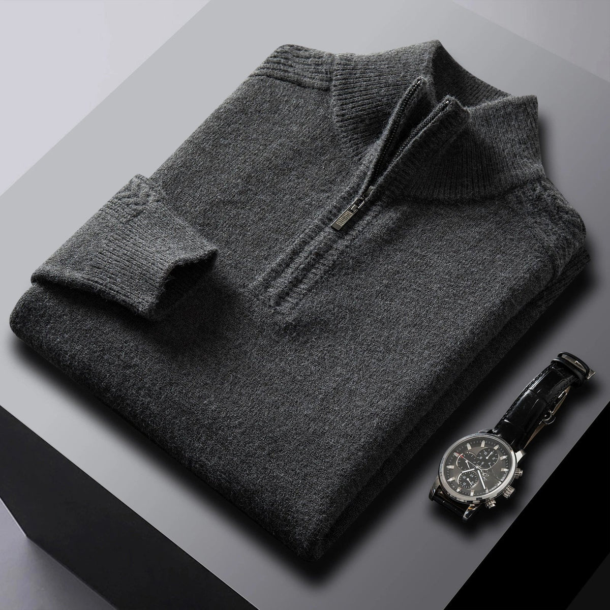 Men's marl half-zip jumper with a stand collar and cable details - charcoal