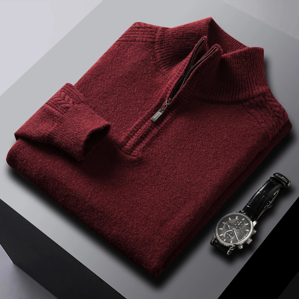 Men's marl half-zip jumper with a stand collar and cable details - wine red