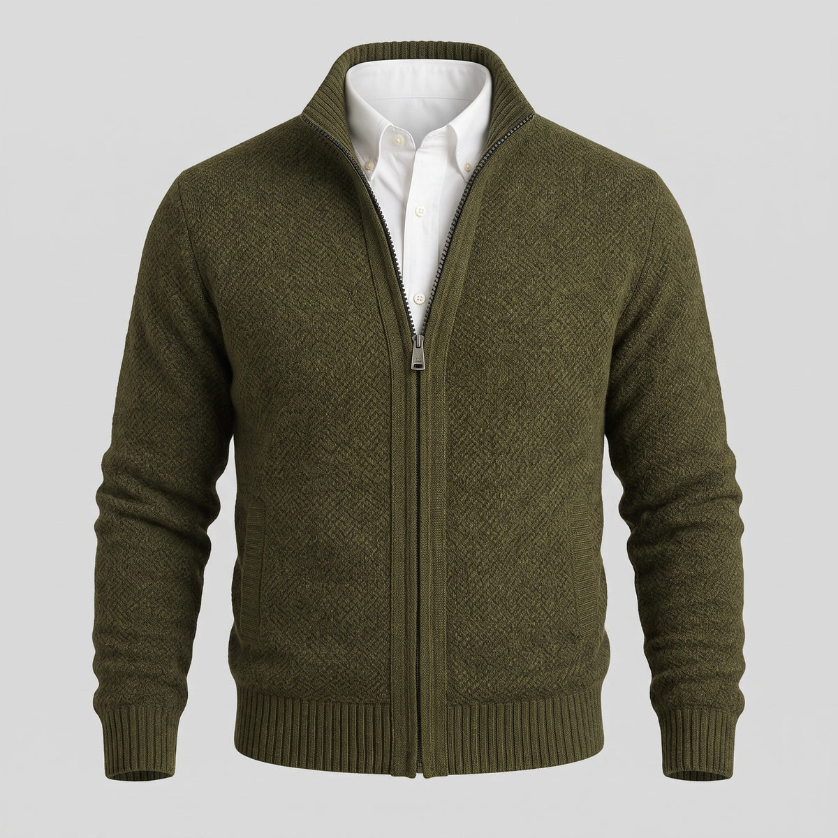 Men's marl knit zip cardigan with a stand collar - olive