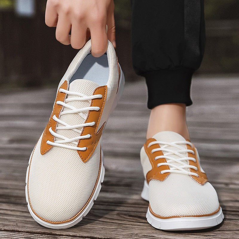 Men's mesh trainers with a saddle-shaped faux leather panel, white rubber sole and heel tab - view 10