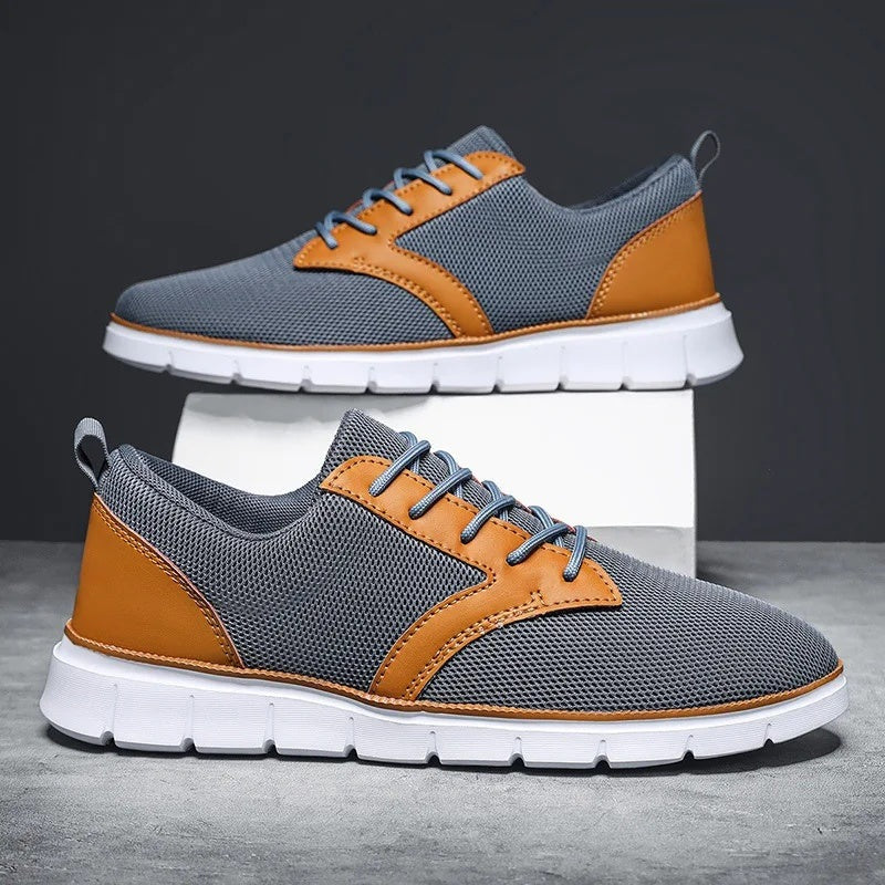 Men's mesh trainers with a saddle-shaped faux leather panel, white rubber sole and heel tab - view 4