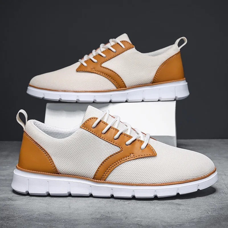 Men's mesh trainers with a saddle-shaped faux leather panel, white rubber sole and heel tab - view 5