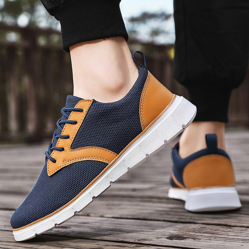 Men's mesh trainers with a saddle-shaped faux leather panel, white rubber sole and heel tab - view 7