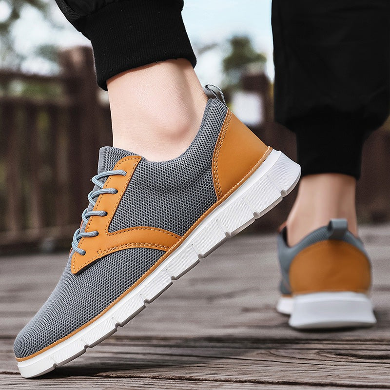 Men's mesh trainers with a saddle-shaped faux leather panel, white rubber sole and heel tab - view 9