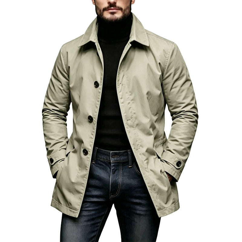 Men's mid-length coat with a turn-down collar and button front - khaki