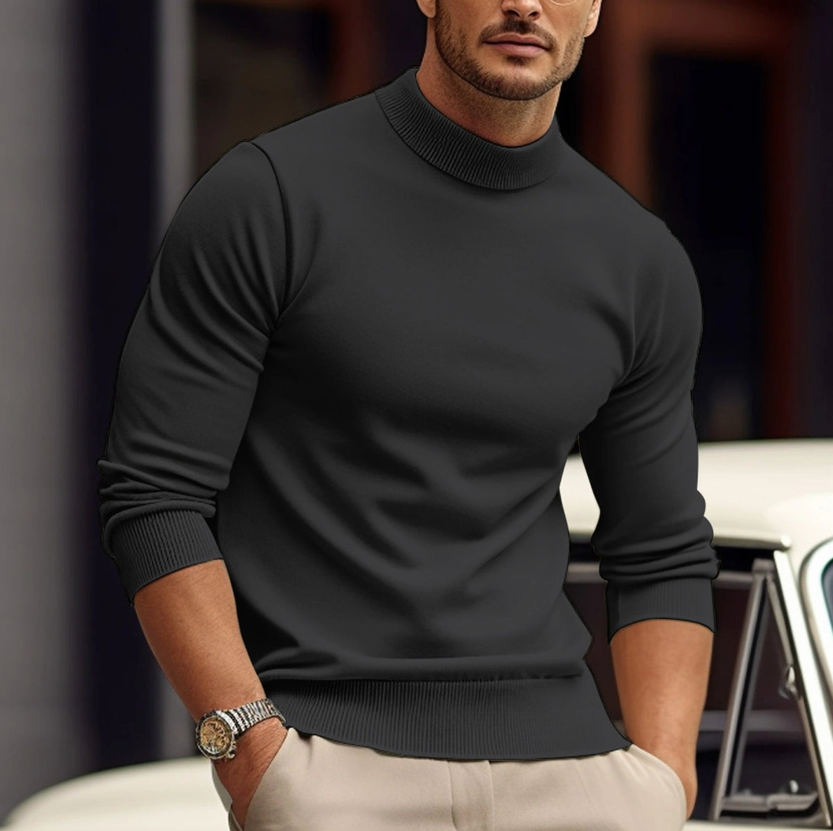 Men's mock neck jumper with ribbed cuffs and hem - charcoal