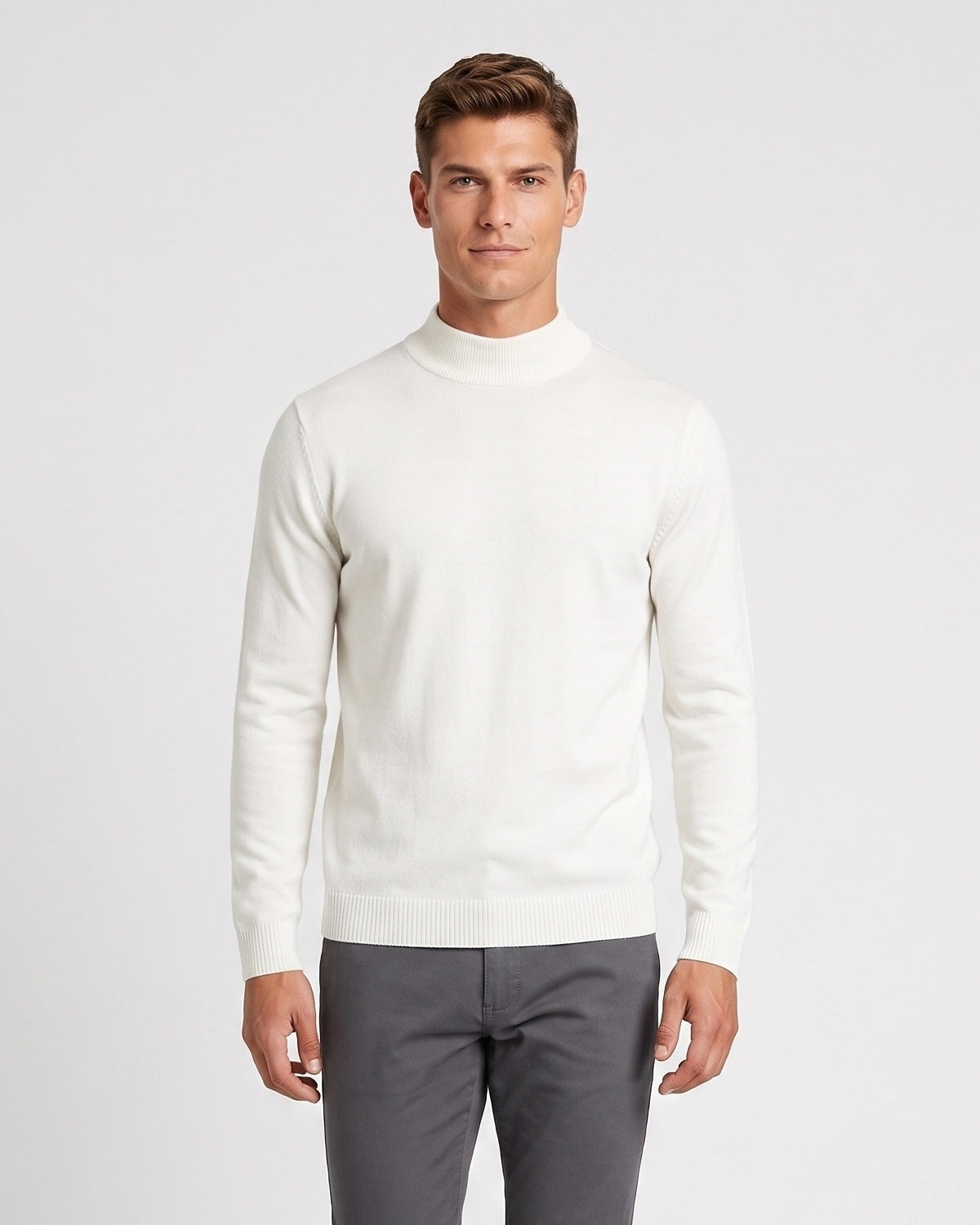 Men's fine knit jumper with a mock neck and ribbed trims - off-white