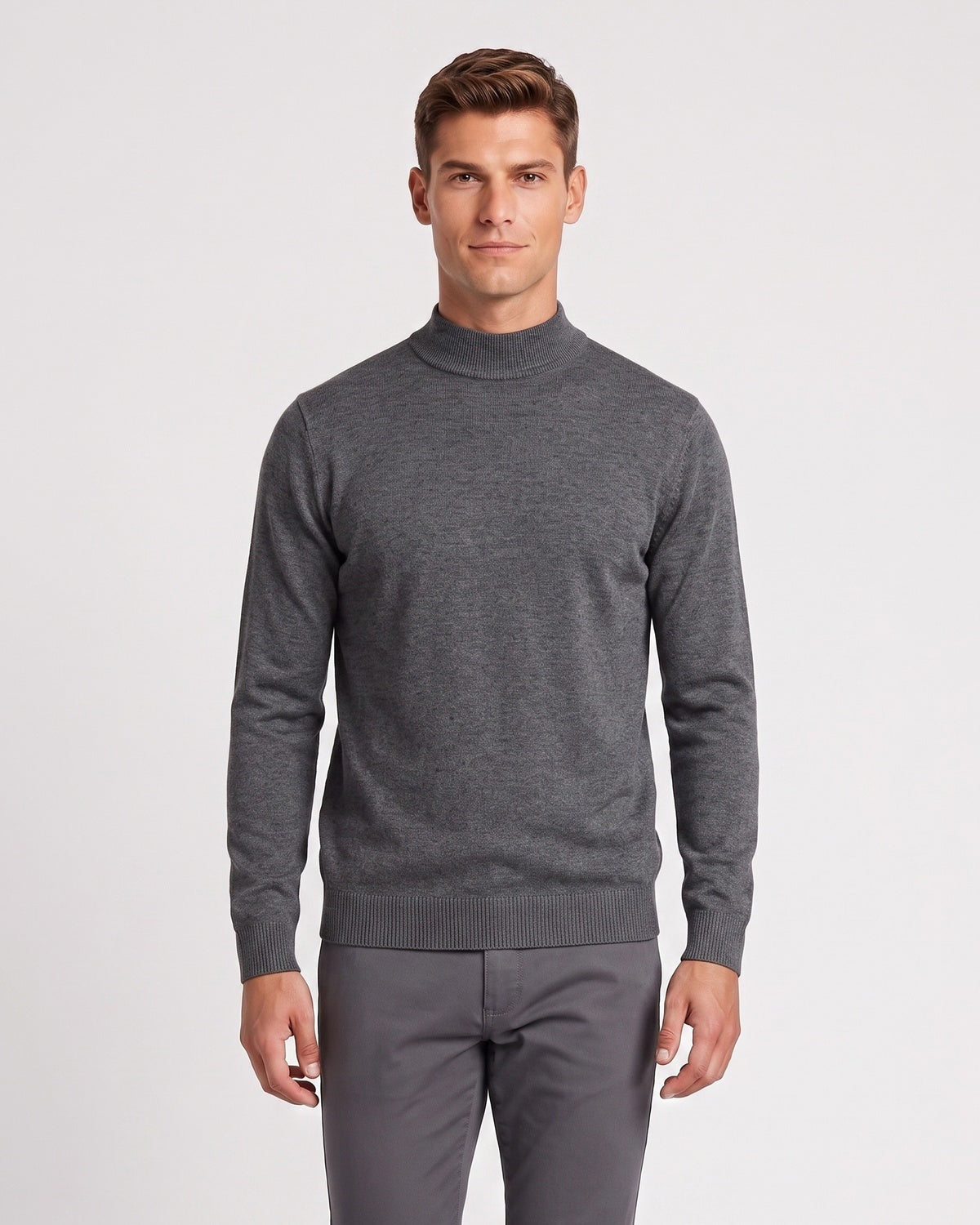 Men's fine knit jumper with a mock neck and ribbed trims - grey