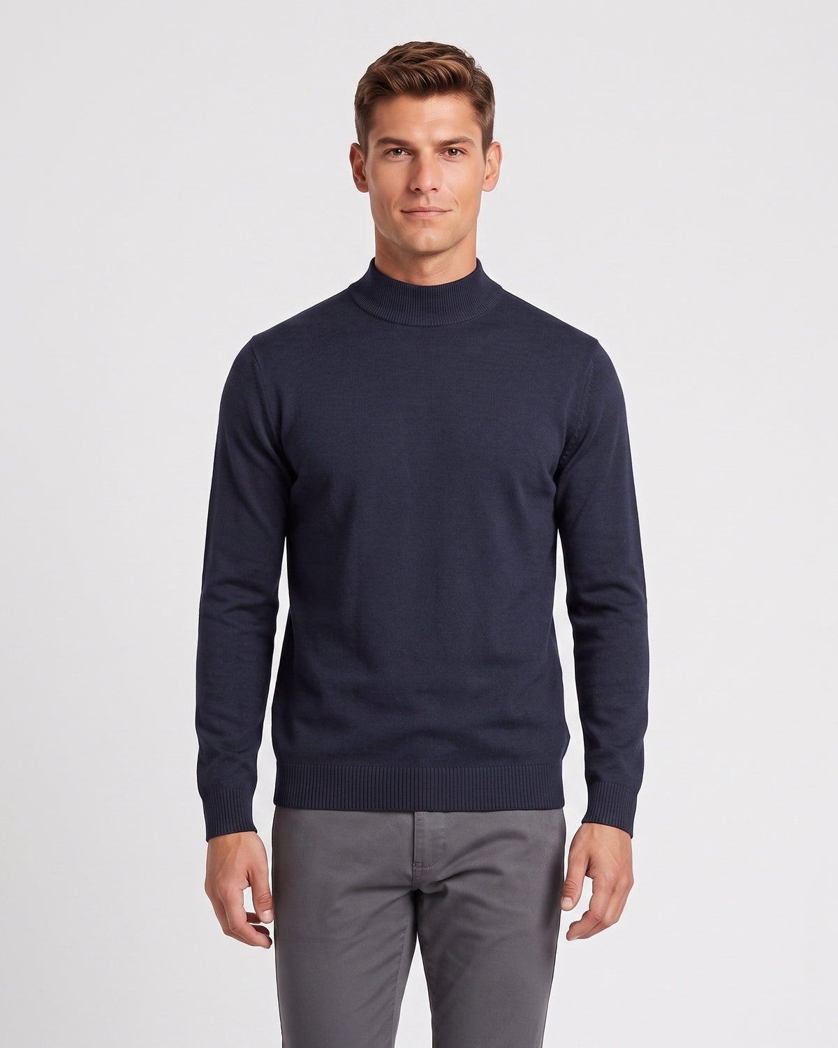 Men's fine knit jumper with a mock neck and ribbed trims - navy