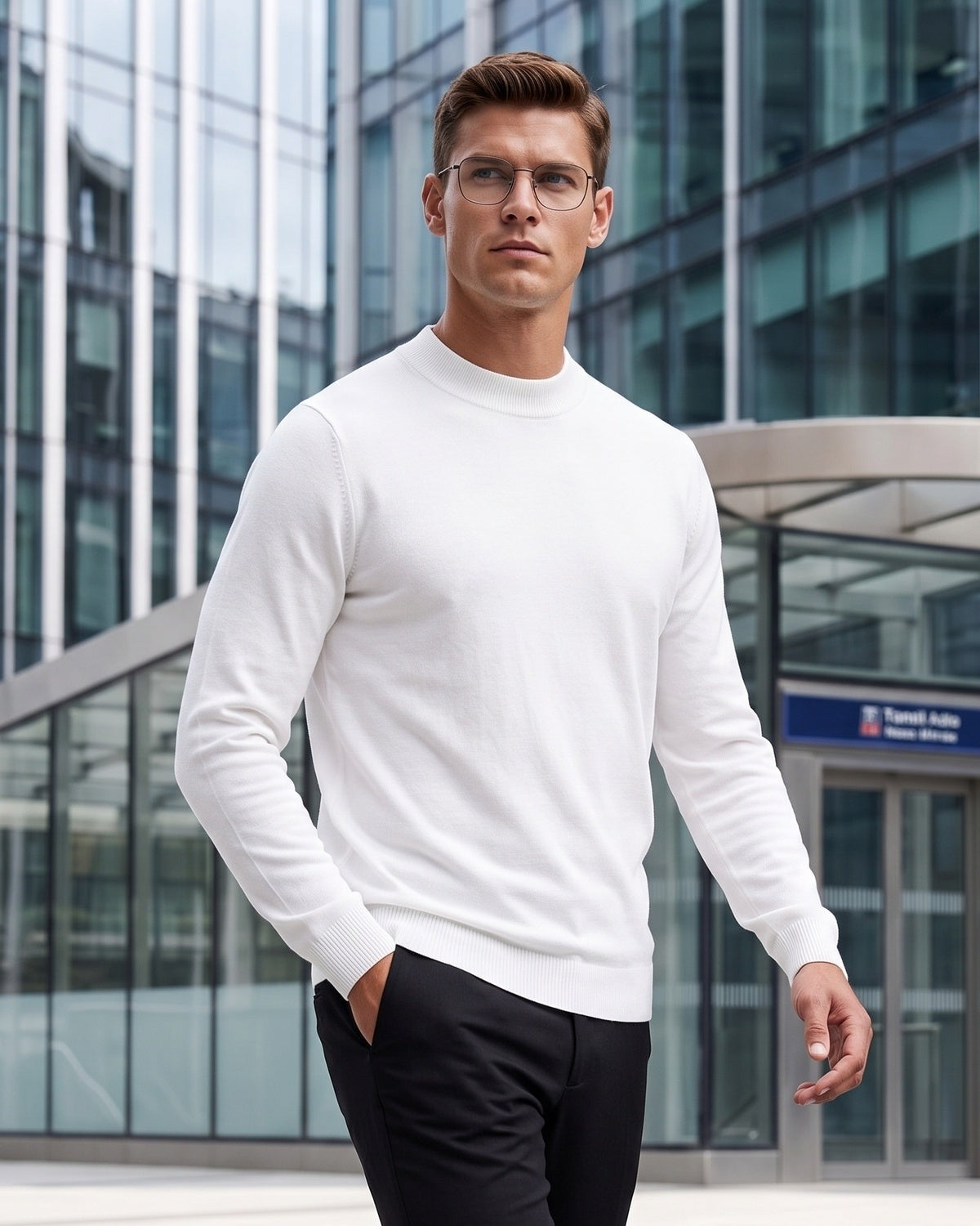Men's fine knit jumper with a mock neck and ribbed trims - view 9