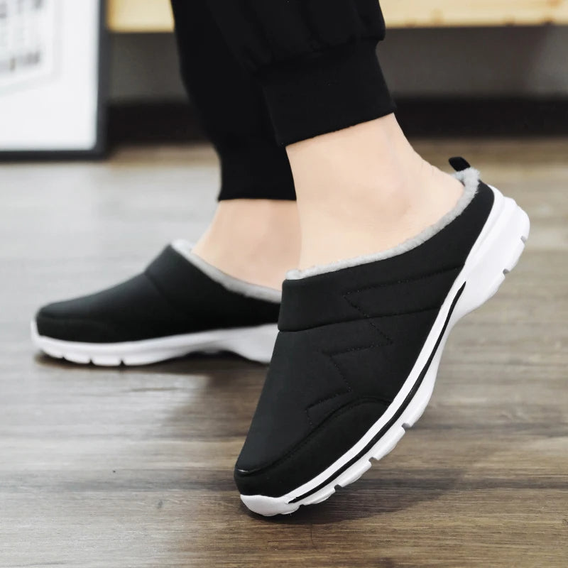 Men's mule slippers with a white trainer sole, open back and zigzag stitching - black