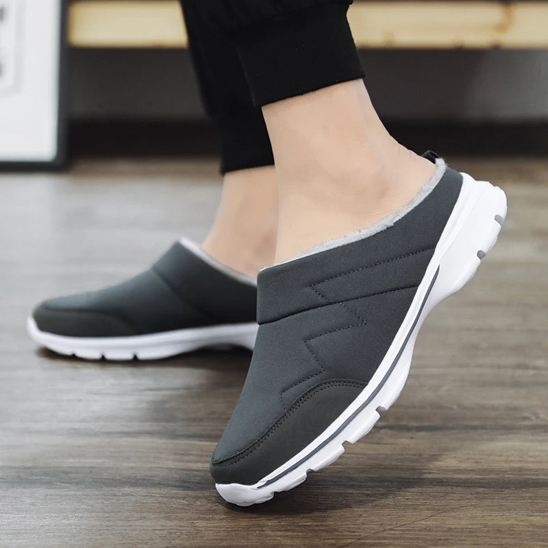 Men's mule slippers with a white trainer sole, open back and zigzag stitching - dark grey