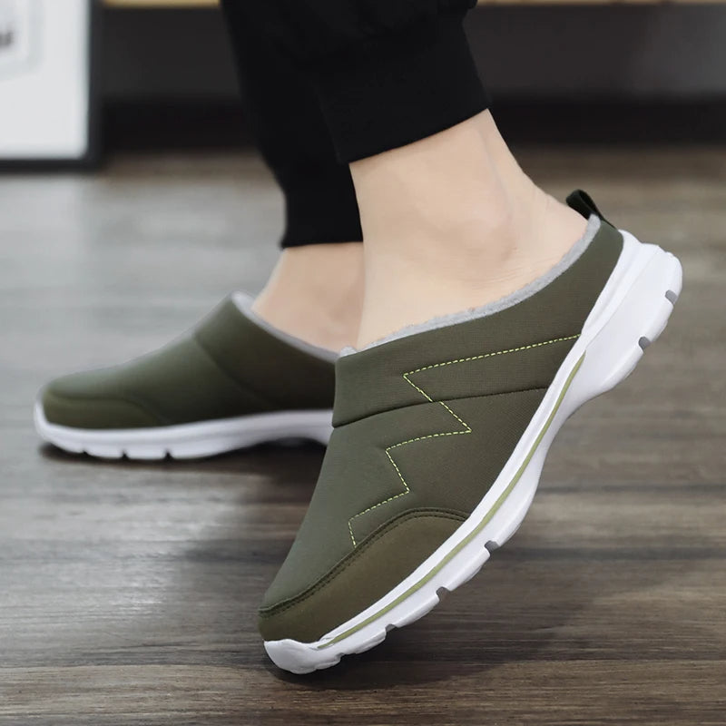 Men's mule slippers with a white trainer sole, open back and zigzag stitching - olive green