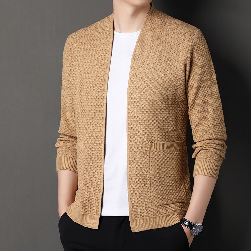 Men's open front cardigan in a honeycomb knit with two pockets - camel