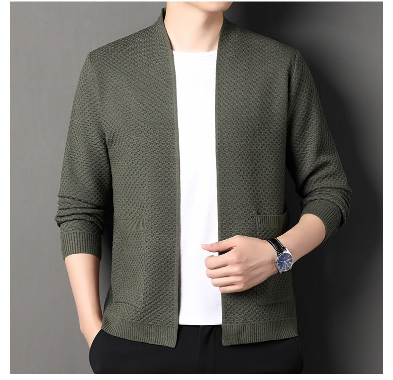 Men's open front cardigan in a honeycomb knit with two pockets - olive green
