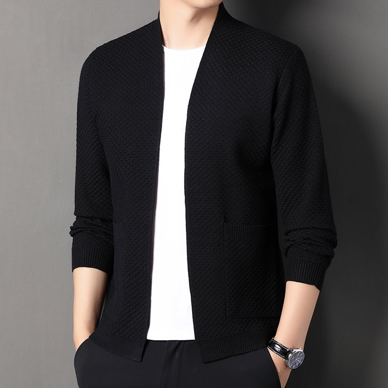 Men's open front cardigan in a honeycomb knit with two pockets - black