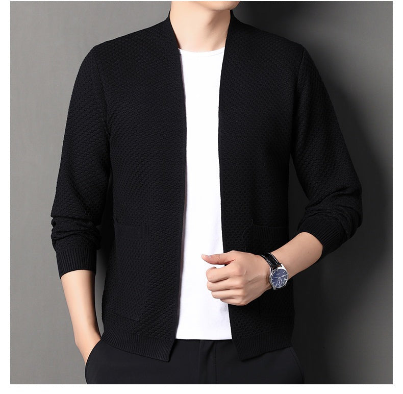 Men's open front cardigan in a honeycomb knit with two pockets - view 6
